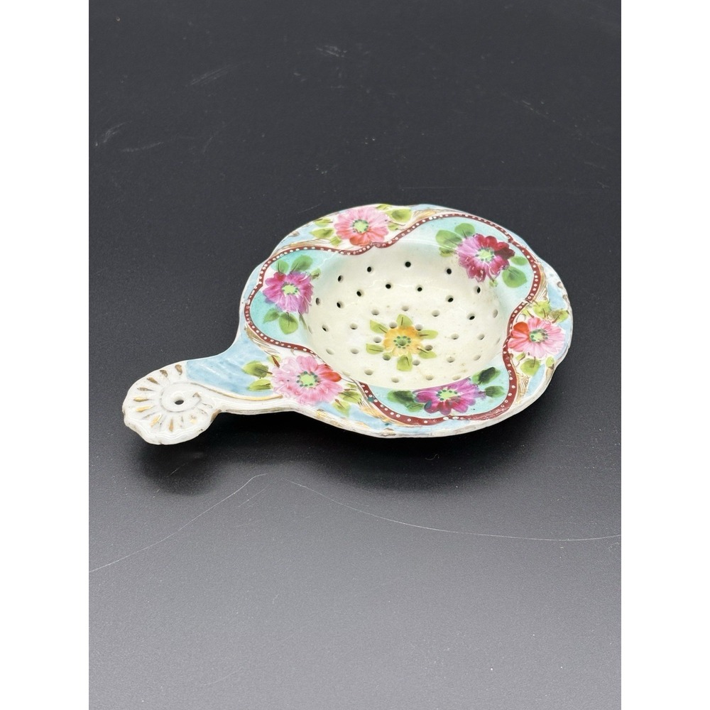Antique Hand Painted Porcelain Tea Strainer Vibrant Pink Roses Gold Moriage Trim - Picture 1 of 8